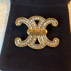 Celine Vintage Gold Tone and Crystal Brooch 1.25”x 1.75”